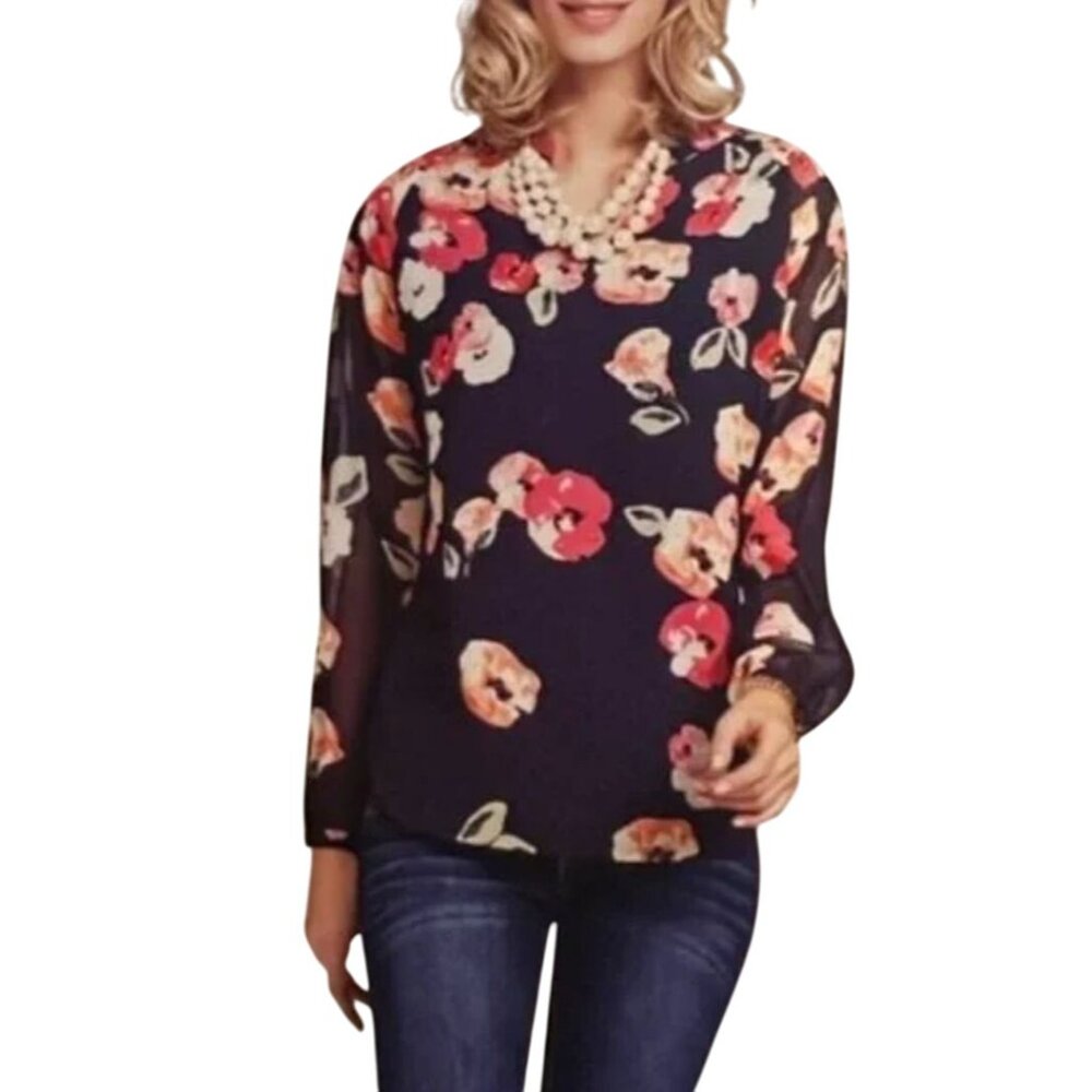 CAbi Poppy Blouse Medium* Tunic Top Navy Pink Floral Sheer lined Long Sleeve - Picture 3 of 10